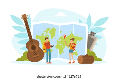 Tiny Tourists Characters with Huge Travel Camping and Hiking Elements, Young Man and Woman Going on Summer Vacation Vector Illustration