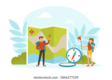 Tiny Tourists Characters with Huge Travel Camping and Hiking Elements, Family Couple Going on Vacation Cartoon Vector Illustration