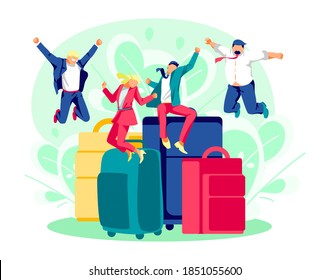 Tiny tourists with huge suitcases. Excited group of travelers happily jumping at luggage bags. People having summer vacation trip. Time to travel concept cartoon vector illustration
