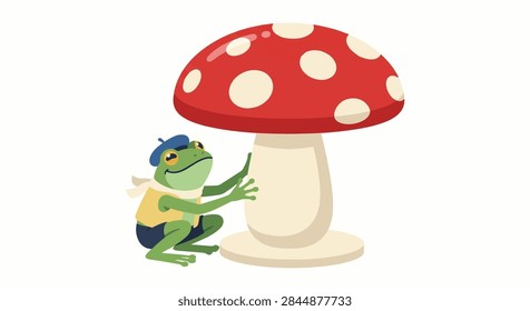 Tiny Tree Frog Discovering an Oversized Mushroom Stool
