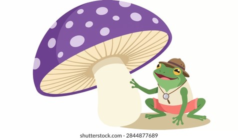 Tiny Tree Frog Investigating a Giant Purple Mushroom