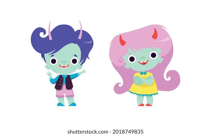 Tiny Troll Characters with Different Hair Color Set, Adorable Boy and Girl Fantasy Creatures Cartoon Vector Illustration