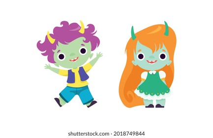 Tiny Troll Characters Set, Funny Boy and Girl Fantasy Creatures with Different Hair Color Cartoon Vector Illustration