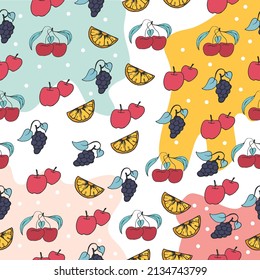 tiny tropical fruit icon on abstract background. hand drawn vector. seamless pattern with fruit. cherry, grape, apple and orange fruits illustration. doodle art for wallpaper, wrapping paper, fabric. 