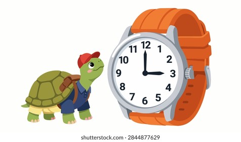 Tiny Turtle Examining an Oversized Orange Wristwatch