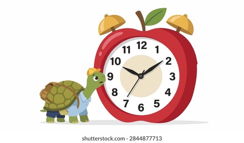 Tiny Turtle Studying an Oversized Red Apple Alarm Clock