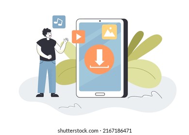 Tiny user uploading digital multimedia content using mobile app. File upload process by man flat vector illustration. Online download, software concept for banner, website design or landing web page