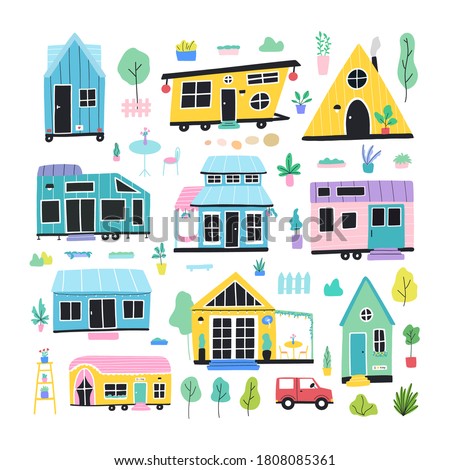 Tiny various houses. Downsize, compact living. Mobile modern home, on wheels, eco sustainable. Vector set with garden furniture, car, trees, plants and other elements.