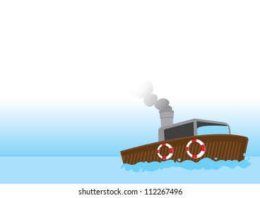 Tiny vector fishing boat traveling in a tranquility lake.