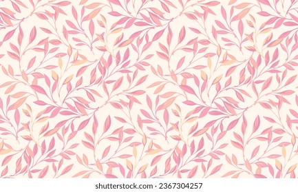 Tiny vector hand drawn leaves seamless pattern Pink, orange leaves  intertwined in a seamless print. Template for design, textile, fashion, print, surface design, fabric, wallpaper