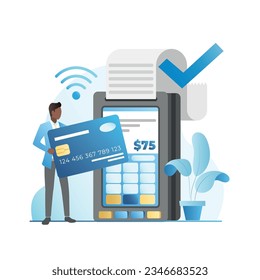 Tiny, vector man pays with big credit, debit card in pos device. Contactless, successful wifi banking transaction, approved transfer with check mark, check, payment receipt. Cash account. ATM machine.