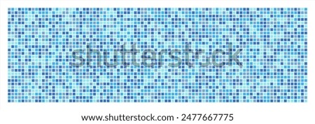 Tiny, very small colorful squares geometric abstract text background. Long banner shape. Chaotic 4-color checkered mosaic decoration, swimming pool ceramic tile imitation, border, header template. 