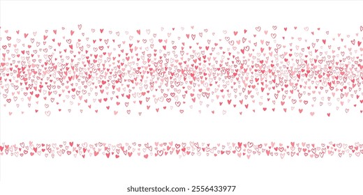 Tiny very small hand drawn hearts Valentine's Day horizontal seamless borders, stripes, frames, dividers. Vector chaotic pattern, backgrounds. Tricolor cute doodle marker drawn different heart shapes.