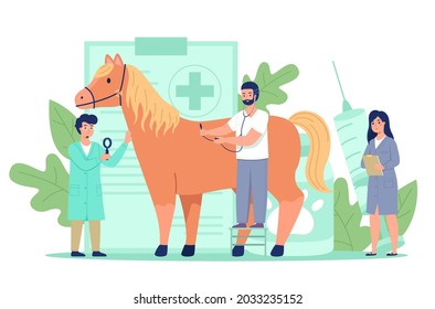 Tiny Vet Doctors. Miniature Veterinarians Treat Big Horse, Preventive Domestic Animal Examine And Treatment, Pet Checkup And Health Care In Veterinary Clinic Vector Cartoon Concept