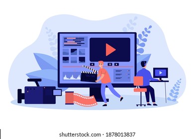 Tiny video operators working with visual media content flat vector illustration. Cartoon operators creating news footage in video editor. Multimedia studio, business and production concept