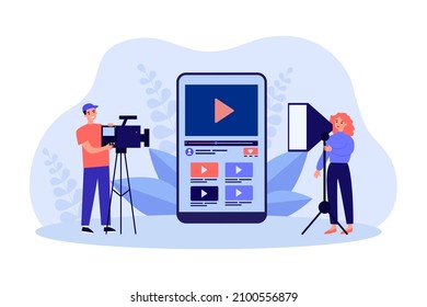 Tiny videographers recording video with mobile app. People using editor on smartphone screen flat vector illustration. Record software, player concept for banner, website design or landing web page