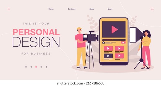 Tiny videographers recording video with mobile app. People using editor on smartphone screen flat vector illustration. Record software, player concept for banner, website design or landing web page