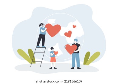 Pequeños voluntarios dando corazones rojos al planeta Tierra. Caracteres macho, hembra que ahorran entorno ilustración vectorial plana. Ecología, concepto de responsabilidad para banner, diseño de sitios web o página web de aterrizaje