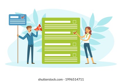 Tiny Voters Filling Out Ballot, Voting and Election Campaign Vector Illustration