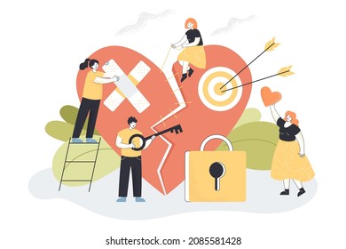 Tiny vulnerable characters repairing broken heart. Man and women breaking up and experiencing bad emotions flat vector illustration. Love failure, relationship, sensitive people concept