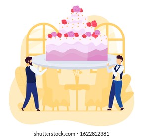 Tiny waiter people carrying huge wedding cake to restaurant, vector illustration. Catering service for event celebration, bakery handmade dessert delivery. Waiters at wedding banquet, restaurant