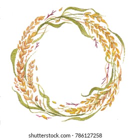 Tiny wheat wreath with green leaves frame for decoration