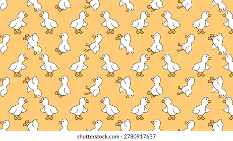 Tiny white ducks waddle across a warm yellow background. Their playful poses suggest joyful movement and curiosity. Each duck has simple, expressive features and bright orange feet