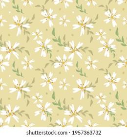 Tiny white flowers on the beige background.Cute abstract seamless pattern with  Summer floral vector illustration. Template for fashion prints, textile,fabric, wrapping gift paper.