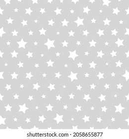 Tiny white irregular Stars on grey background. Minimalist Star geometric shape vector Seamless Pattern. Simple fashion texture for Holiday, nursery print, fabric, textile, wrapping, gift paper, web