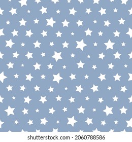 Tiny white irregular Stars on sky blue background. Minimalist Star geometric shape vector Seamless Pattern. Holiday texture for fashion, cute nursery print, fabric, textile, wrapping, gift paper, web