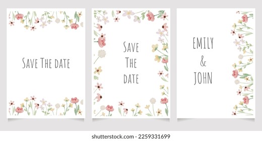 tiny wild flower botanical watercolor background for wedding invitation card template layout 5x7 vertical