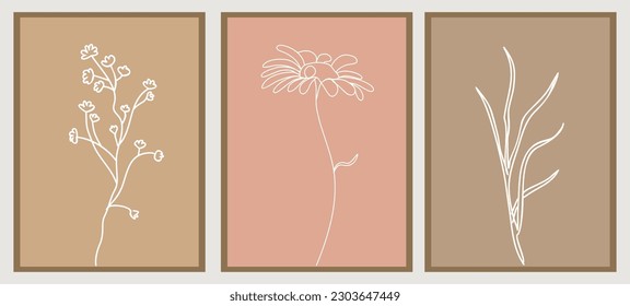 Tiny wild flowers Line Drawing Print Set. Botanical beige pastel boho Poster. Modern Line Art, Aesthetic Contour. Perfect for Home Decor, packaging, tattoo, logo, jewelry design. Vector illustrations