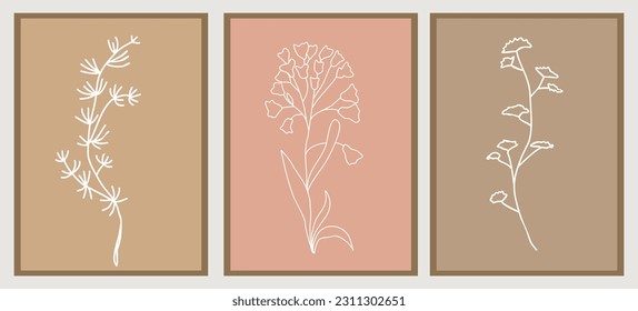 Tiny wild flowers Line Drawing Print Set. Botanical beige pastel boho Poster. Modern Line Art, Aesthetic Contour. Perfect for Home Decor, packaging, tattoo, logo, jewelry design. Vector illustrations