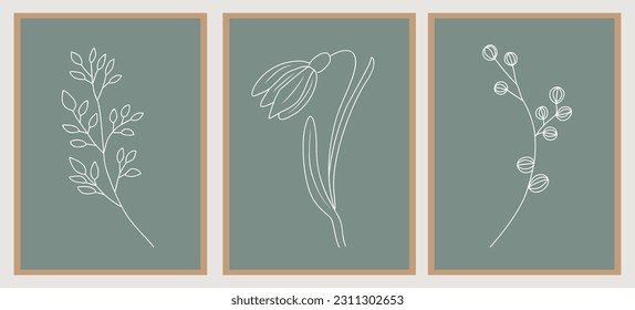 Tiny wild flowers Line Drawing Print Set. Botanical Sage Green Poster. Modern Line Art, Aesthetic Contour. Perfect for Home Decor, packaging, tattoo, logo, jewelry design. Vector illustrations.