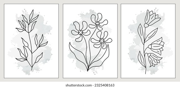 Tiny wild flowers Line Drawing Print Set. Botanical pastel boho Poster. Modern Line Art with watercolor background. Perfect for Home Decor, packaging, tattoo, logo design. Vector illustrations.