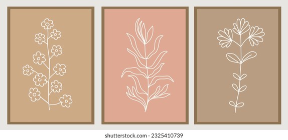 Tiny wild flowers Line Drawing Print Set. Botanical beige pastel boho Poster. Modern Line Art, Aesthetic Contour. Perfect for Home Decor, packaging, tattoo, logo, jewelry design. Vector illustrations.