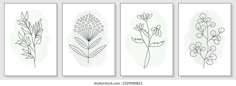 Pequeño juego de impresión de líneas de flores silvestres. Afiche del boho verde sabio botánico. Arte De Línea Moderna, Contexto Estético. Perfecto para decoración residencial, empaque, tatuaje, logotipo, diseño de joyería. Ilustraciones vectoriales