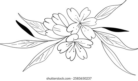 tiny wild flowers and plants line art botanical illustrations. Trendy greenery hand draw lines black ink sketches. vector illustration