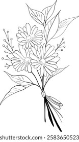 tiny wild flowers and plants line art botanical illustrations. Trendy greenery hand draw lines black ink sketches. vector illustration