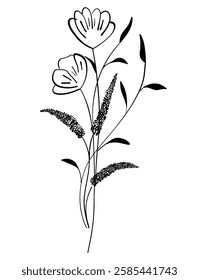 tiny wild flowers and plants line art botanical illustrations. Trendy greenery hand draw lines black ink sketches. vector illustration