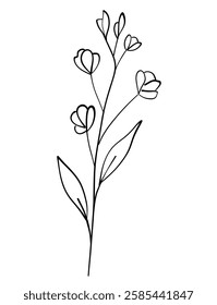 tiny wild flowers and plants line art botanical illustrations. Trendy greenery hand draw lines black ink sketches. vector illustration