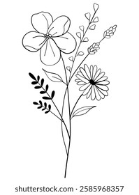 tiny wild flowers and plants line art botanical illustrations. Trendy greenery hand draw lines black ink sketches. vector illustration