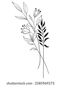 tiny wild flowers and plants line art botanical illustrations. Trendy greenery hand draw lines black ink sketches. vector illustration