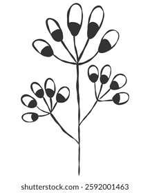 tiny wild flowers and plants line art botanical illustrations. Trendy greenery hand draw lines black ink sketches. vector illustration