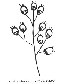 tiny wild flowers and plants line art botanical illustrations. Trendy greenery hand draw lines black ink sketches. vector illustration