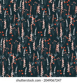 tiny wildflowers seamless pattern. Twigs on a dark background