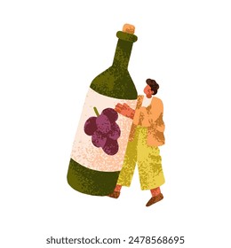 Tiny wine lover holding alcohol drink bottle in hands. Sommelier character carrying alcoholic beverage, grape vino, huge vine, grapevine. Flat vector illustration isolated on white background