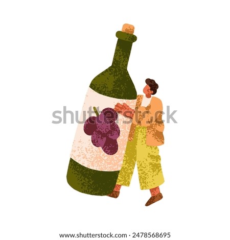 Tiny wine lover holding alcohol drink bottle in hands. Sommelier character carrying alcoholic beverage, grape vino, huge vine, grapevine. Flat vector illustration isolated on white background
