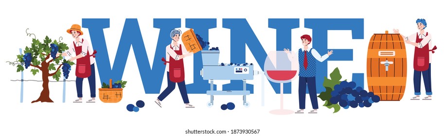 Tiny winemakers engaged winemaking process from harvesting grapes to production and tasting of natural red wine. Traditional winery with wine making equipment. Vector illustration.