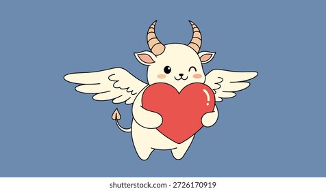 Minúsculo personagem de touro alado com chifres e uma cauda está alegremente carregando um grande coração vermelho contra um fundo azul sólido para o dia dos namorados.